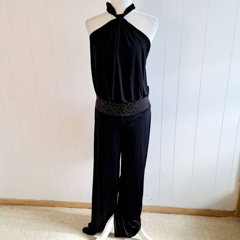 Baby Phat Black Halter Jump Suit W/ Gold Bead Embellishment, Wide Leg - Picture 1 of 2